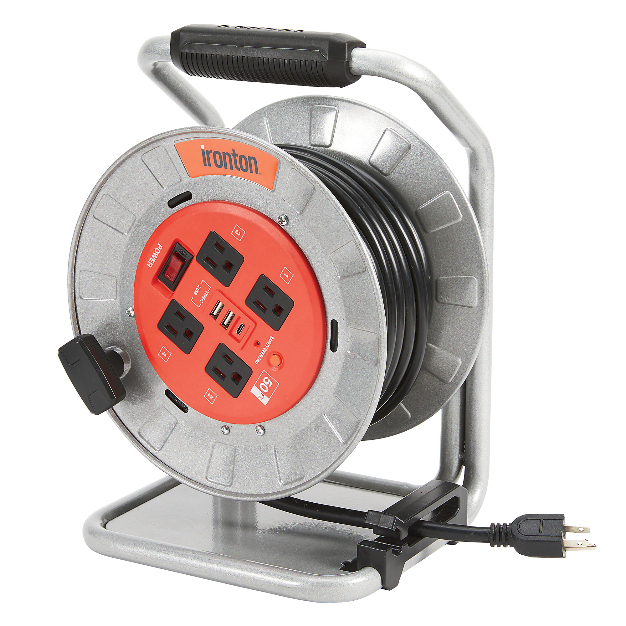 Ironton 50ft. 12/3 Cord Reel with 4 Outlets, 2 USB-A and 1 Type-C